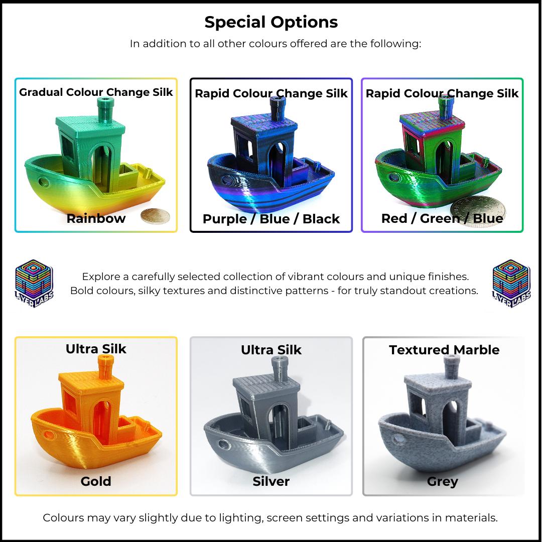 Special options for 3D printed boat models including gradual change, rapid change colors, and various finishes.